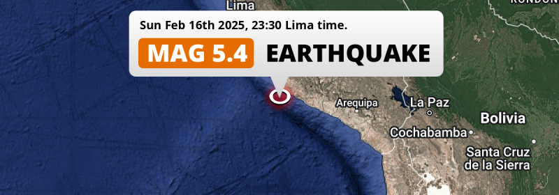 Shallow M5.4 Earthquake struck on Sunday Evening in the South Pacific Ocean near Minas de Marcona (Peru).