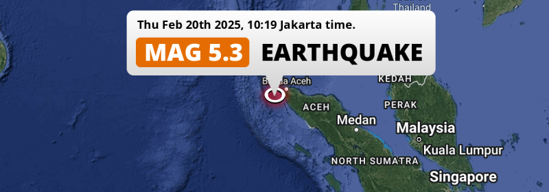 Significant M5.3 Earthquake struck on Thursday Morning in the Indian Ocean near Banda Aceh (Indonesia).