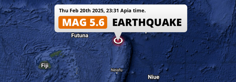 Significant M5.6 Earthquake hit in the South Pacific Ocean 285km from Apia (Samoa) on Thursday Evening.