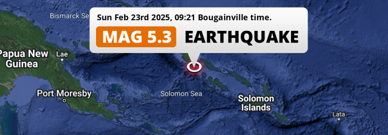 Significant M5.3 FORESHOCK hit in the Solomon Sea 145km from Arawa (Papua New Guinea) on Sunday Morning.