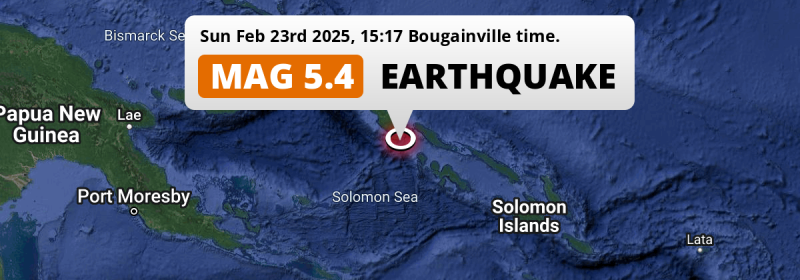 Significant M5.4 AFTERSHOCK hit in the Solomon Sea 132km from Arawa (Papua New Guinea) on Sunday Afternoon.