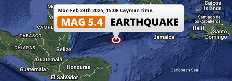 Shallow M5.4 Earthquake hit in the Caribbean Sea 240km from George Town (Cayman Islands) on Monday Afternoon.