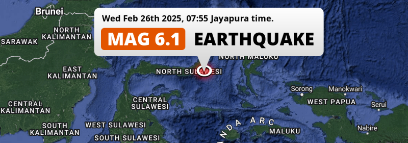 On Wednesday Morning a Shallow M6.1 Earthquake struck in the Maluku Sea 124km from Manado (Indonesia).