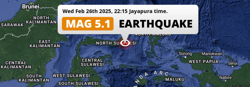 On Wednesday Evening a Shallow M5.1 AFTERSHOCK struck in the Maluku Sea 129km from Manado (Indonesia).