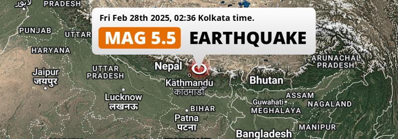 Shallow M5.5 Earthquake hit near Kathmandu in Nepal on Friday Night.