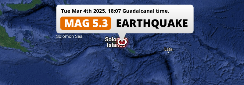 Shallow M5.3 Earthquake hit in the Solomon Sea 105km from Honiara (Solomon Islands) on Tuesday Evening.