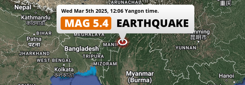 Significant M5.4 Earthquake hit 68mi from Mawlaik in Myanmar on Wednesday Morning.