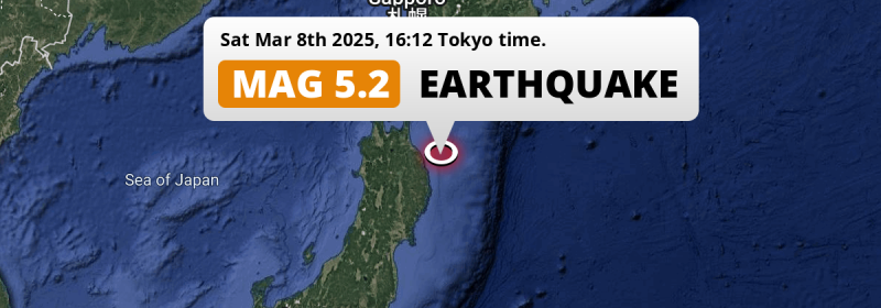 Significant M5.2 Earthquake hit in the North Pacific Ocean near Hachinohe (Japan) on Saturday Afternoon.