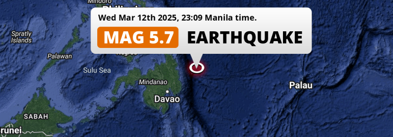 On Wednesday Evening a Shallow M5.7 Earthquake struck in the Philippine Sea 263km from Davao (The Philippines).