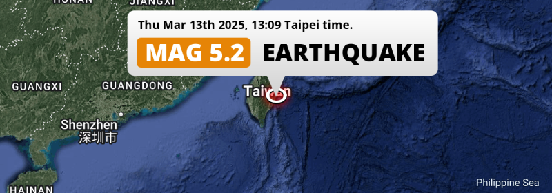 On Thursday Afternoon a Shallow M5.2 Earthquake struck in the Philippine Sea near Hualien City (Taiwan).