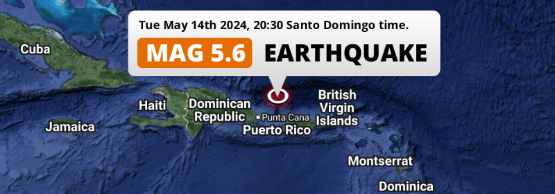 On Tuesday Evening a Shallow M5.6 Earthquake struck in the North Atlantic Ocean 165km from San Juan (Puerto Rico).