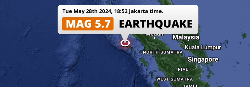 Shallow M5.7 Earthquake struck on Tuesday Evening in the Indian Ocean 156km from Meulaboh (Indonesia).