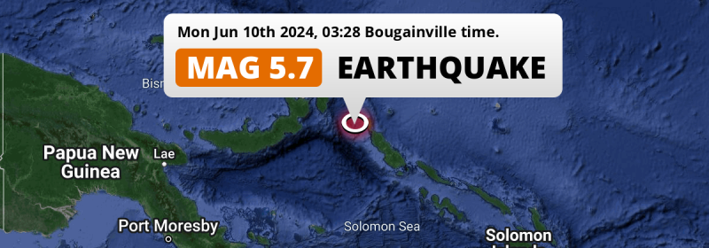 Significant M5.7 Earthquake hit in the Solomon Sea 187km from Arawa (Papua New Guinea) on Monday Night.