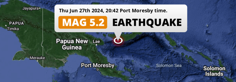 Shallow M5.2 Earthquake struck on Thursday Evening in the Solomon Sea 131km from Kimbe (Papua New Guinea).