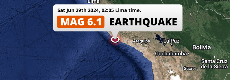 Shallow M6.1 AFTERSHOCK hit in the South Pacific Ocean 326km from Arequipa (Peru) on Saturday Night.