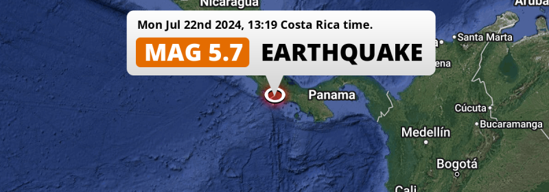 Shallow M5.7 Earthquake struck on Monday Afternoon in the North Pacific Ocean near David (Panama).