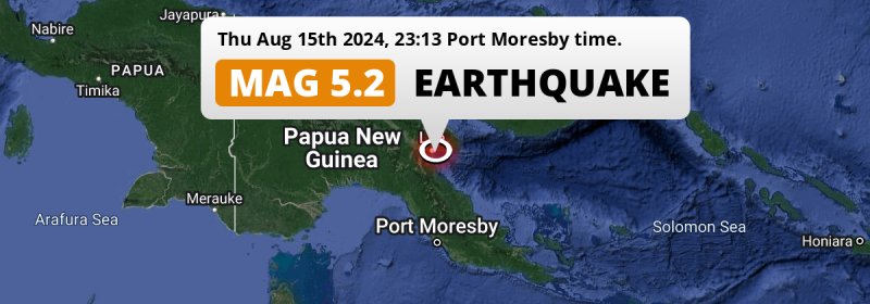 On Thursday Evening a Shallow M5.2 Earthquake struck in the Solomon Sea near Lae (Papua New Guinea).