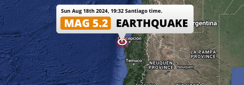 Shallow M5.2 Earthquake hit in the South Pacific Ocean near Talcahuano (Chile) on Sunday Evening.